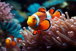 ai gerado oceano beleza vibrante palhaço peixe navegar uma animado coral meio Ambiente foto