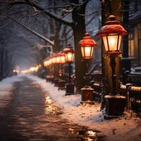 ai gerado festivo charme Nevado rua adornado com vibrante vermelho lanternas para social meios de comunicação postar Tamanho foto