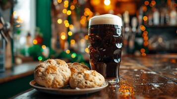 ai gerado cerveja preta Cerveja e tradicional irlandês refrigerante pão. irlandês bar com st. patrick's dia decoração. ai gerado foto