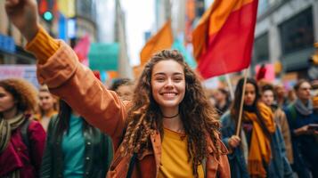 ai gerado mulheres marchar. diverso participantes caminhando baixa uma rua. luta para mulheres direitos. ai gerado foto