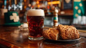 ai gerado cerveja preta Cerveja e tradicional irlandês refrigerante pão. irlandês bar com st. patrick's dia decoração. ai gerado foto