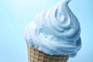 ai gerado azul gelado gelo creme cone em azul fundo fechar acima. generativo ai foto