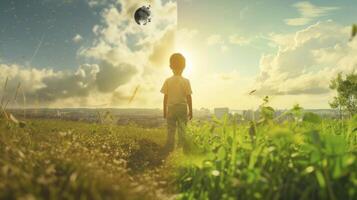 ai gerado clima mudança impacto visualizado com uma criança contemplando futuro de Meio Ambiente desafios, com uma exuberante verde campo banhado dentro luz do sol. foto