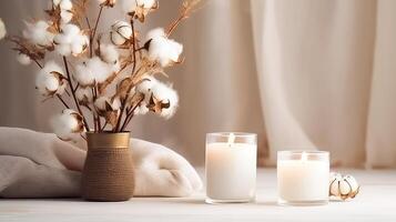 ai gerado queimando velas e algodão flores em branco de madeira mesa dentro sala. foto