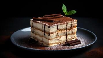 ai gerado Tiramisu bolo com chocolate e cacau pó em Sombrio fundo foto