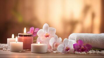 ai gerado spa configuração com velas, orquídea flores e toalhas em de madeira mesa foto