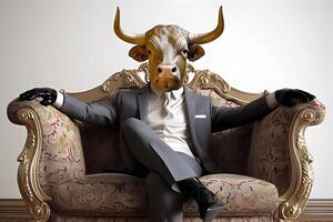 ai gerado metáfora do homem de negocios com vaca cabeça. otimista tendência do estoque mercado conceito foto
