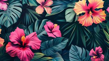 ai gerado tropical flor padrão, colorida hibisco Havaí padrão, exótico fundo foto