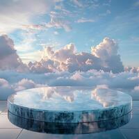 ai gerado cristal vidro pódio para produtos exibição apresentação com nuvem céu fundo foto