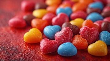 ai gerado multicolorido em forma de coração doces borrifado com açúcar organizado em uma texturizado vermelho superfície, simbolizando doce festividades. foto