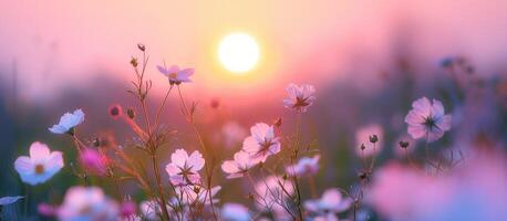 ai gerado bandeira campo com flores silvestres, lindo Rosa nascer do sol, pôr do sol, florescer, conceito primavera, verão, natural fundo foto
