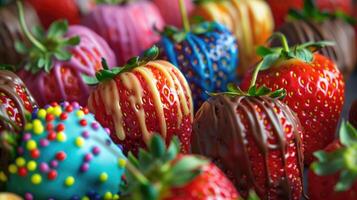 ai gerado coberto de chocolate morangos do diferente cores empilhado dentro linhas, uma delicioso sobremesa foto