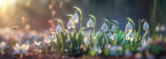 ai gerado bandeira Flor snowdrops em uma compensação dentro a neve dentro primavera, Primavera conceito, natureza despertar foto