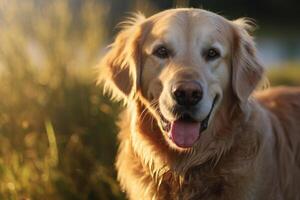 ai gerado ai gerado imagem. fofa adorável dourado retriever cachorro dentro uma gramíneo Prado foto