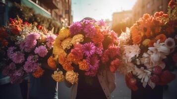 ai gerado imagem. anônimo pessoas dentro cidade rua segurando ampla ramalhete do fresco flores foto