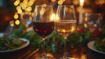 ai gerado vidro do branco vinho e vermelho vinho em a mesa às a restaurante foto