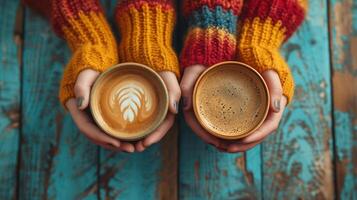 ai gerado topo Visão café com leite café copo e americano copo dentro mulher mão. foto