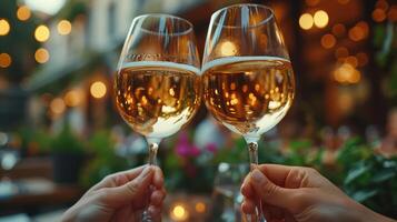 ai gerado casal tilintar óculos com vinho em a verão terraço do uma cafeteria ou restaurante , cópia de espaço foto