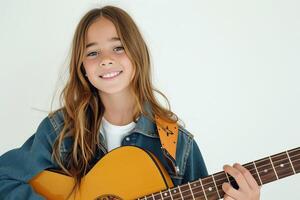 ai gerado sorridente menina dentro jeans Jaqueta jogando guitarra isolado em branco fundo. foto