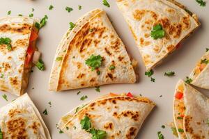 ai gerado mexicano quesadillas com frango, queijo e pimentas, cópia de espaço foto