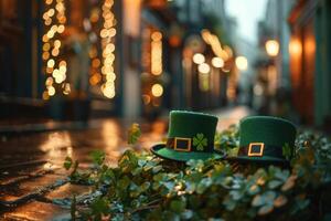 ai gerado verde duende chapéu e trevos em festivo rua. st patrick's dia fundo foto