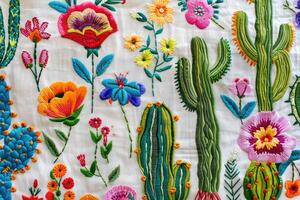 ai gerado mexicano bordado com cactos, flores, pássaros, miçangas foto