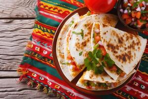 ai gerado mexicano quesadillas com frango, queijo e pimentas, cópia de espaço foto