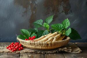 ai gerado selvagem ginseng raízes plantar, chinês ervas farmacia foto