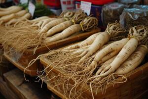 ai gerado selvagem ginseng raízes plantar, chinês ervas farmacia foto