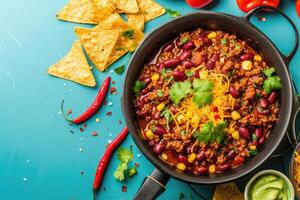 ai gerado mexicano quente Pimenta vigarista carne, feijões, picado carne e legumes ensopado dentro tomate molho foto