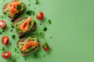 ai gerado aberto sanduíches Torradas com salgado salmão, abacate guacamole, assado grão de bico foto