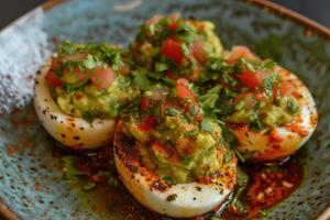 ai gerado ovos com guacamole, coentro e Pimenta foto