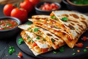 ai gerado mexicano quesadillas com frango, queijo e pimentas, cópia de espaço foto