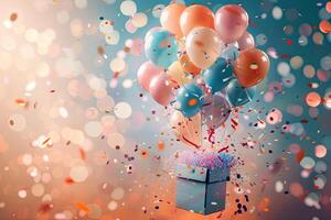 ai gerado abril tolos dia bandeira, colorida balões e confete vôo Fora do uma presente caixa, festa, aniversário foto