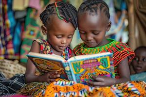 ai gerado crianças lendo uma livro junto. internacional crianças livro dia foto