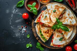 ai gerado mexicano quesadillas com frango, queijo e pimentas, cópia de espaço foto