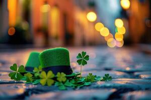 ai gerado verde duende chapéu e trevos em festivo rua. st patrick's dia fundo foto