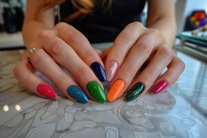 ai gerado multicolorido unhas manicure em fêmea dedos. unhas Projeto foto