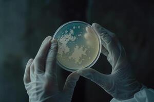 ai gerado cientistas mão dentro luva segurando petri pratos com bacteriano colônias cultura foto