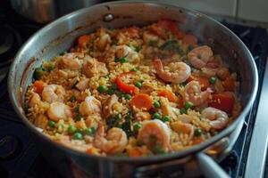 ai gerado tradicional espanhol paella com frutos do mar, frango, arroz e legumes servido dentro uma panela foto