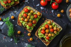 ai gerado aberto sanduíches Torradas com salgado salmão, abacate guacamole, assado grão de bico foto