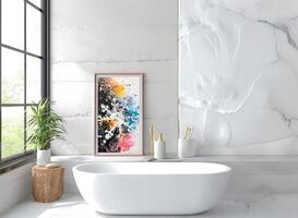ai gerado luxuoso banheiro decoração moderno Projeto com elegante quadros e deslumbrante pinturas. foto