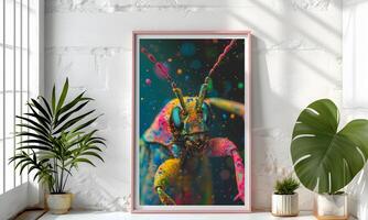 ai gerado Projeto uma chique e à moda quarto imagem. decorado com lindo cenário quadros e pinturas. foto