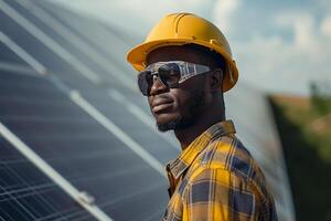 ai gerado Preto homem trabalhador, solar energia plantar dentro fundo foto