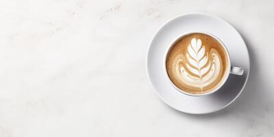 ai gerado café dentro branco copo com café com leite arte. a sobrecarga Visão do cappuccino caneca. cafeína bebida, aromático bebida. foto
