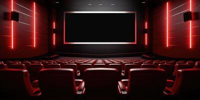 ai gerado moderno cinema quarto com vermelho cadeiras, Preto tela e néon luzes em paredes. visto sobre tela. generativo ai foto