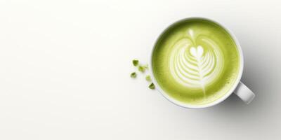 ai gerado japonês verde chá com café com leite arte. matcha café com leite dentro branco copo e pequeno folhas em volta. orgânico fresco beber com quente leite. topo Visão com cópia de espaço. foto