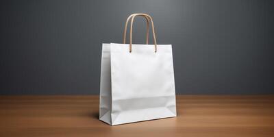 ai gerado branco reciclado papel saco em de madeira mesa. varejo marketing. em branco compras pacote para comercial promoção foto