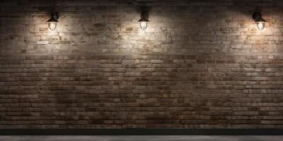 ai gerado velho tijolo parede textura com grunge pedra e retro lâmpada luz dentro Antiguidade sala. vintage alvenaria foto