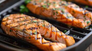 ai gerado fogo grelhado salmão bifes foto